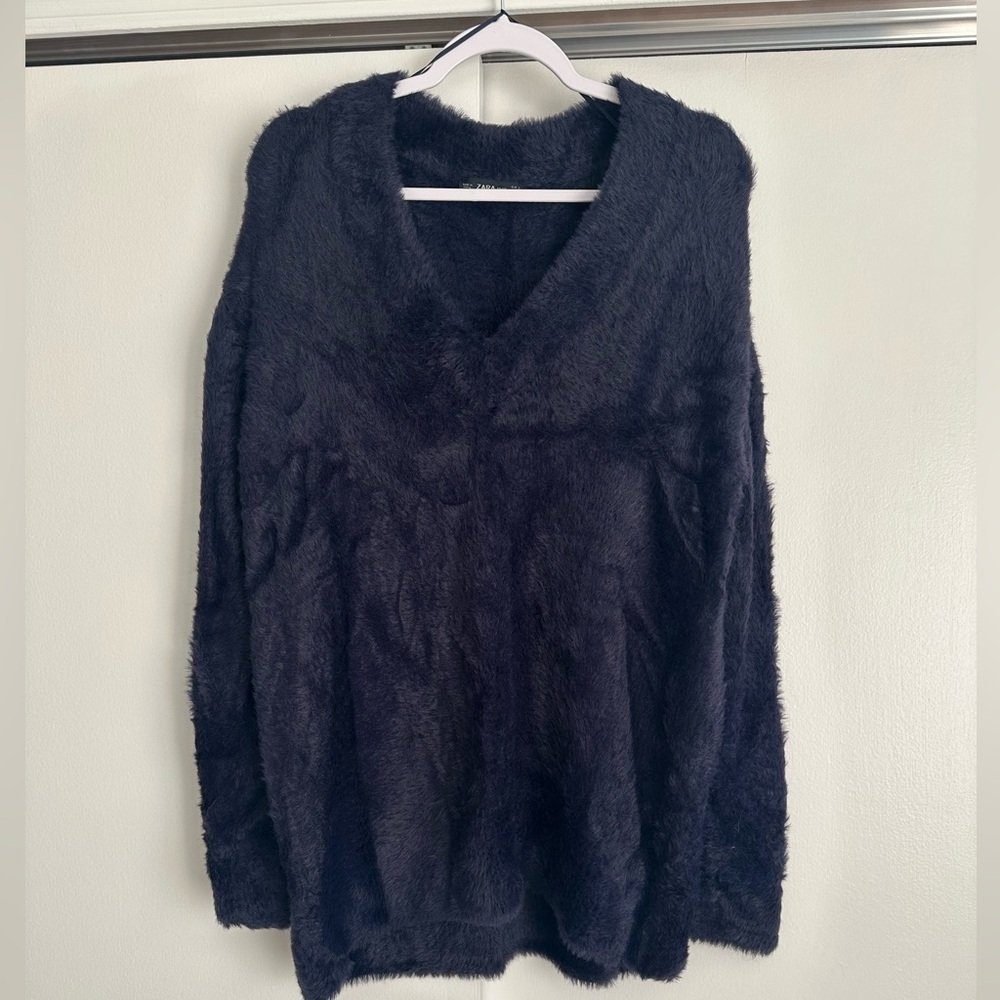 Zara Knit Fluffy Navy Sweater